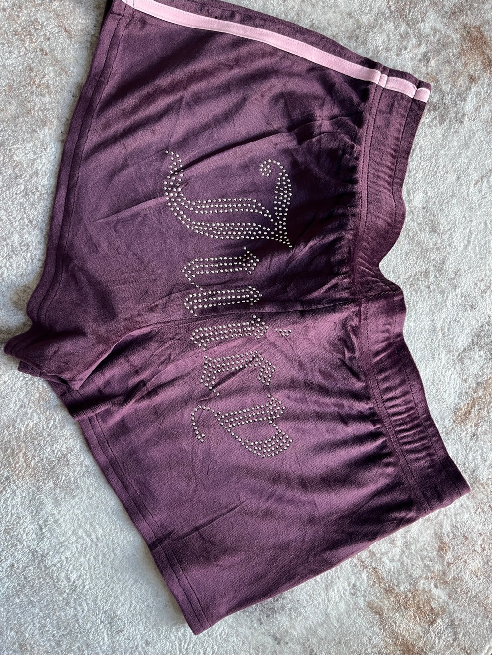 Juicy Couture Plum Lounge Shorts with Light Pink Trim and Rhinestone Logo